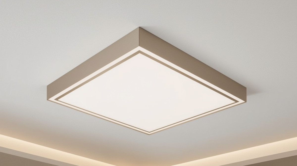 Крупный план накладного светильника на натяжном потолке.